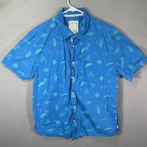 VSTR Mens XL Button Down Shirt Blue Graphic Boho Short Sleeve